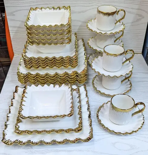 [30pieces ceramic squared dinner set with gold rim  ✳️6pieces dinner plates ✳️6pieces side plate ✳️6pieces soup bowls  ✳️6pieces mugs ✳️6pieces saucers] DINNER SET 