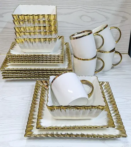 [24 pcs ceramic squared dinner set with gold rim ✳️6pcs dinner plates ✳️6pcs side plate ✳️6pcs soup bowls  ✳️6pcs mugs] DINNER SET